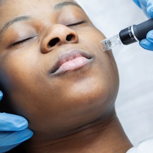 A client with closed eyes receiving a skin treatment from a gloved practitioner using a handheld device